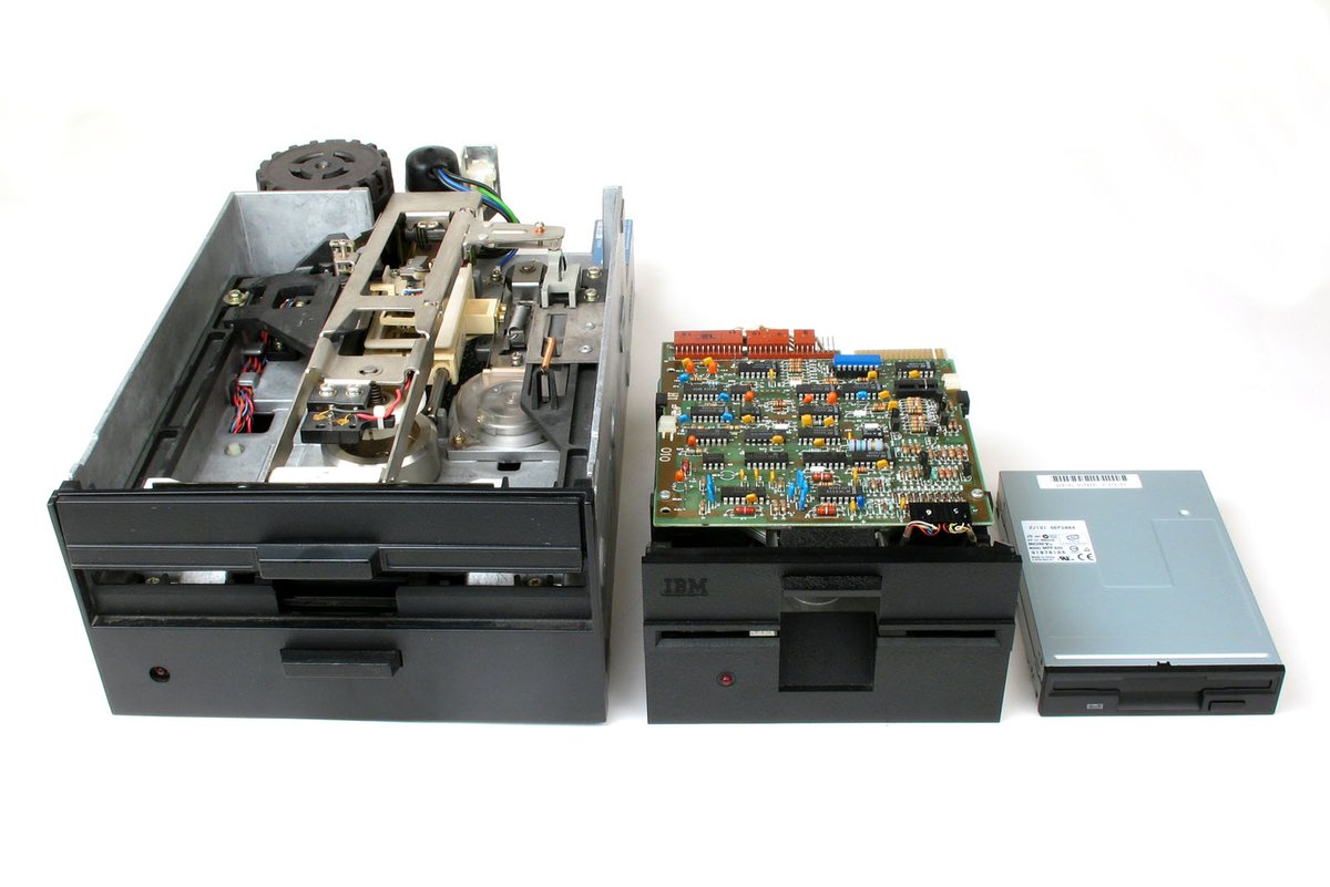 Three floppy disk drives: 8-inch, 5.25-inch and 3.5-inch