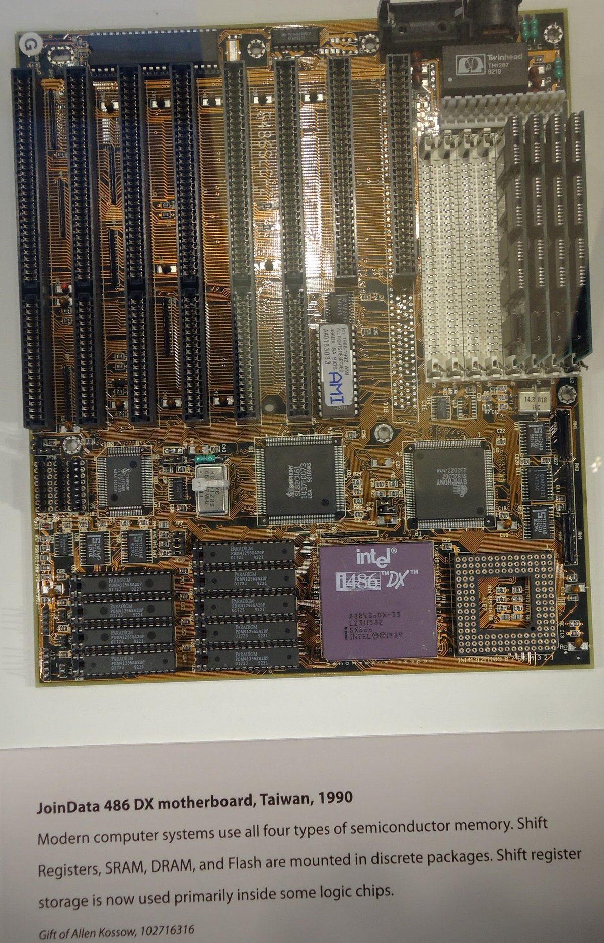 A 486 DX motherboard on display at the Computer History Museum