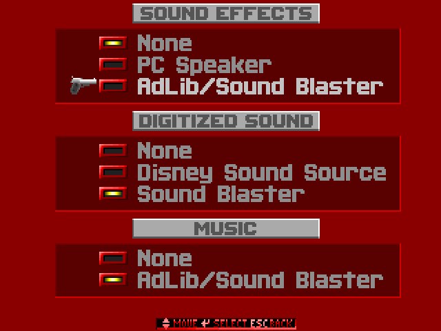 Wolfenstein 3D sound options menu listing PC Speaker, AdLib/Sound Blaster and Disney Sound Source