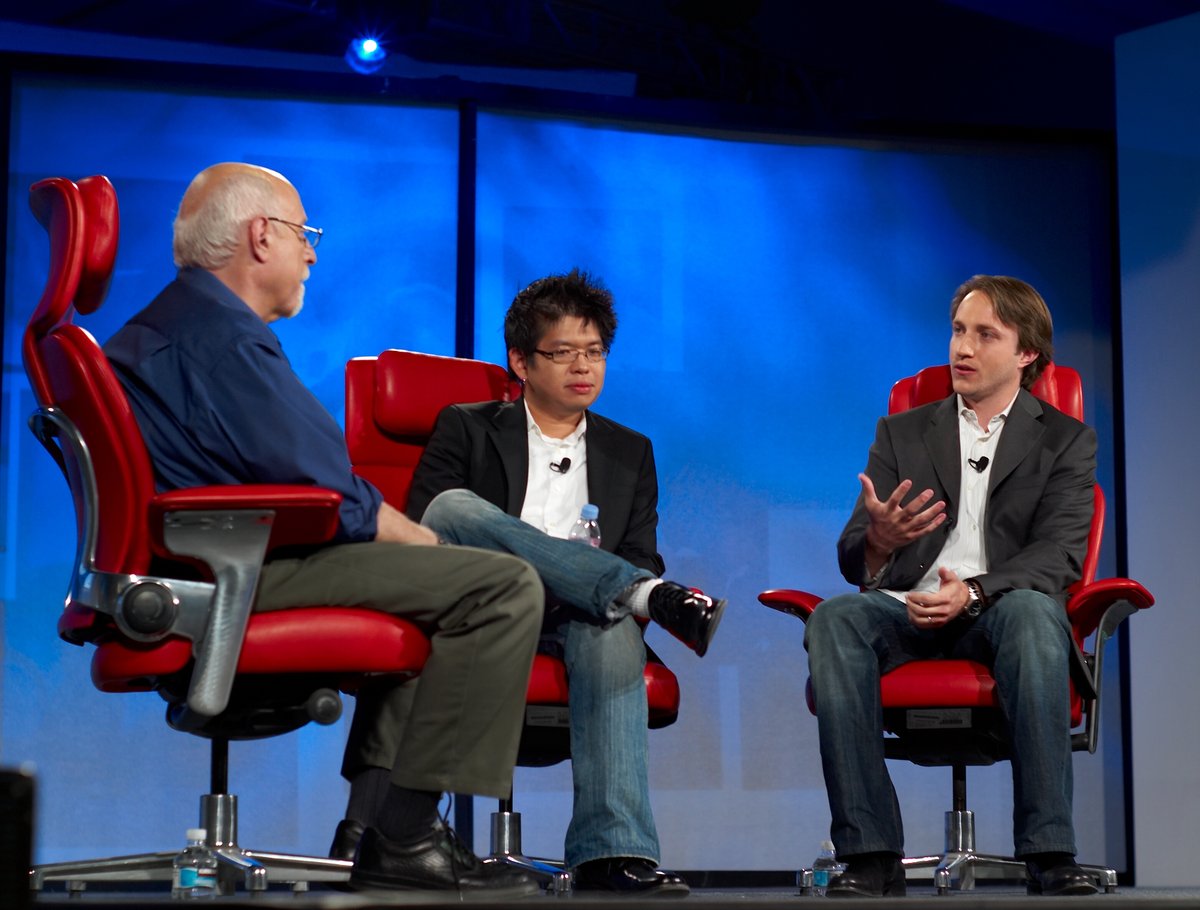 YouTube co-founders Steve Chen and Chad Hurley on stage with Walt Mossberg